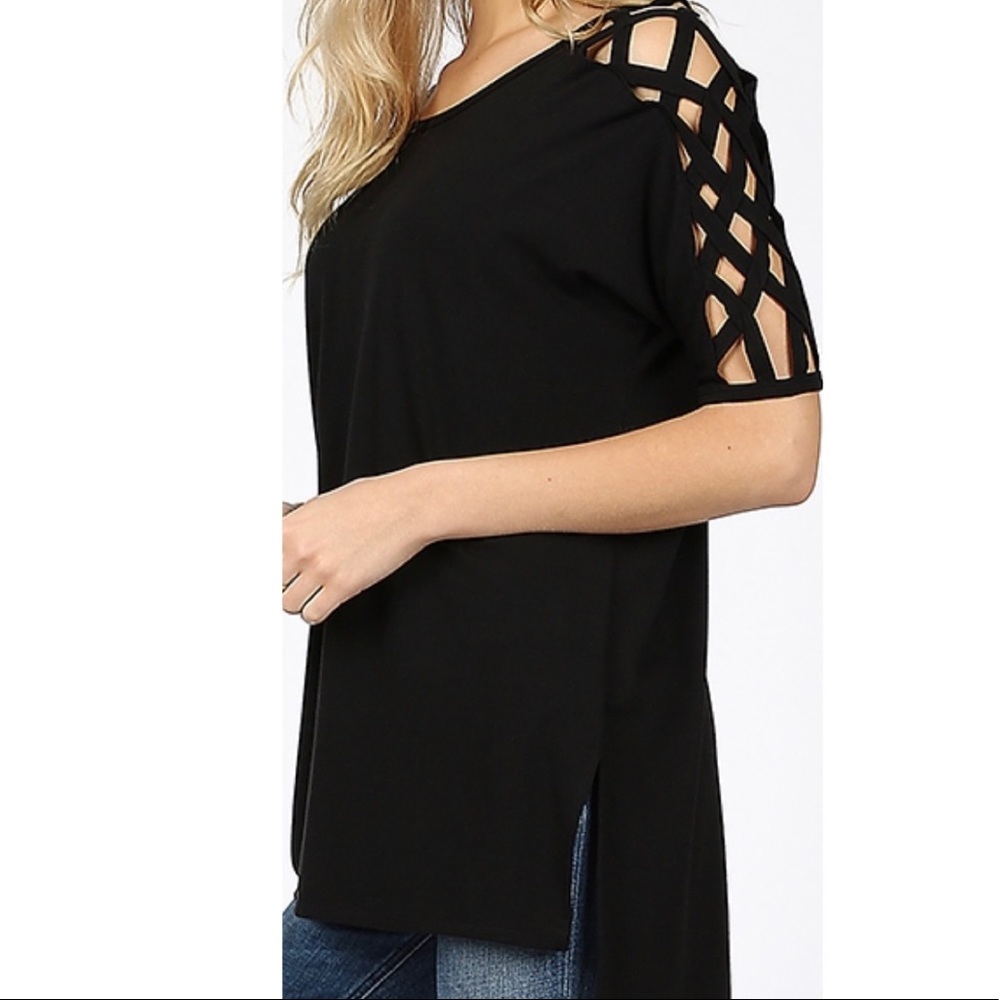Criss-Cross Shoulder Side Split Hi-Low Hem Top